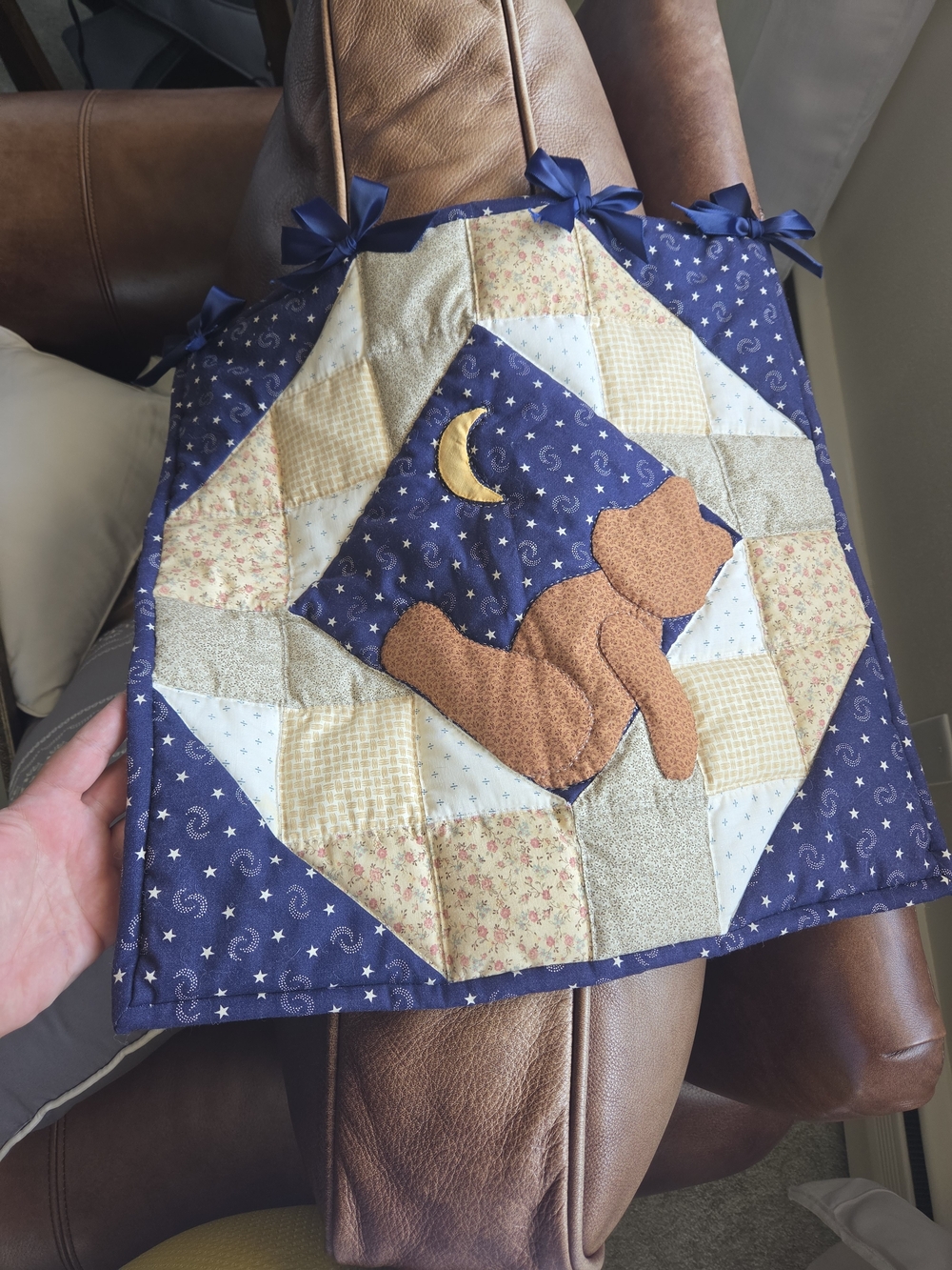 Handmade Patchwork Bear And Moon Tapestry in Navy and Brown